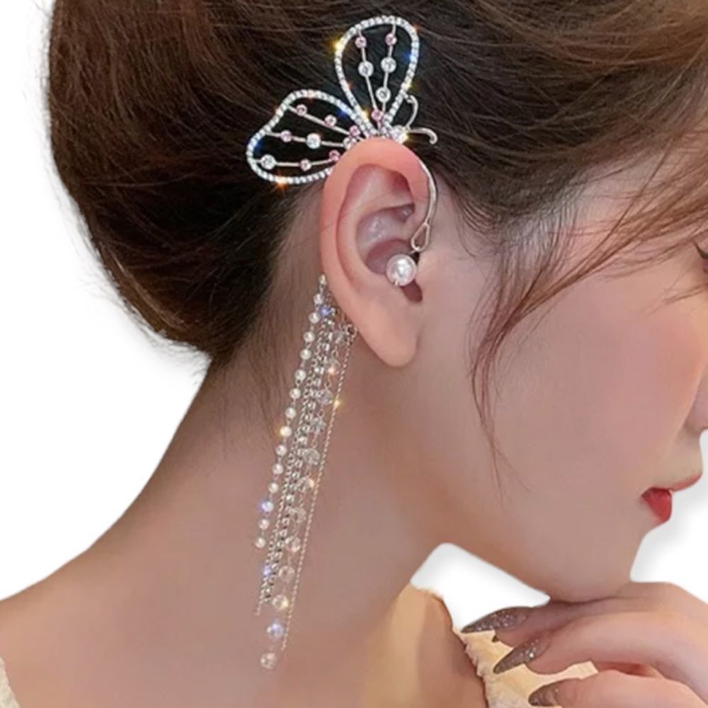 Butterfly Wing Crystals Pearls Long Silver Tassel Ear Cuff Earrings - NEW